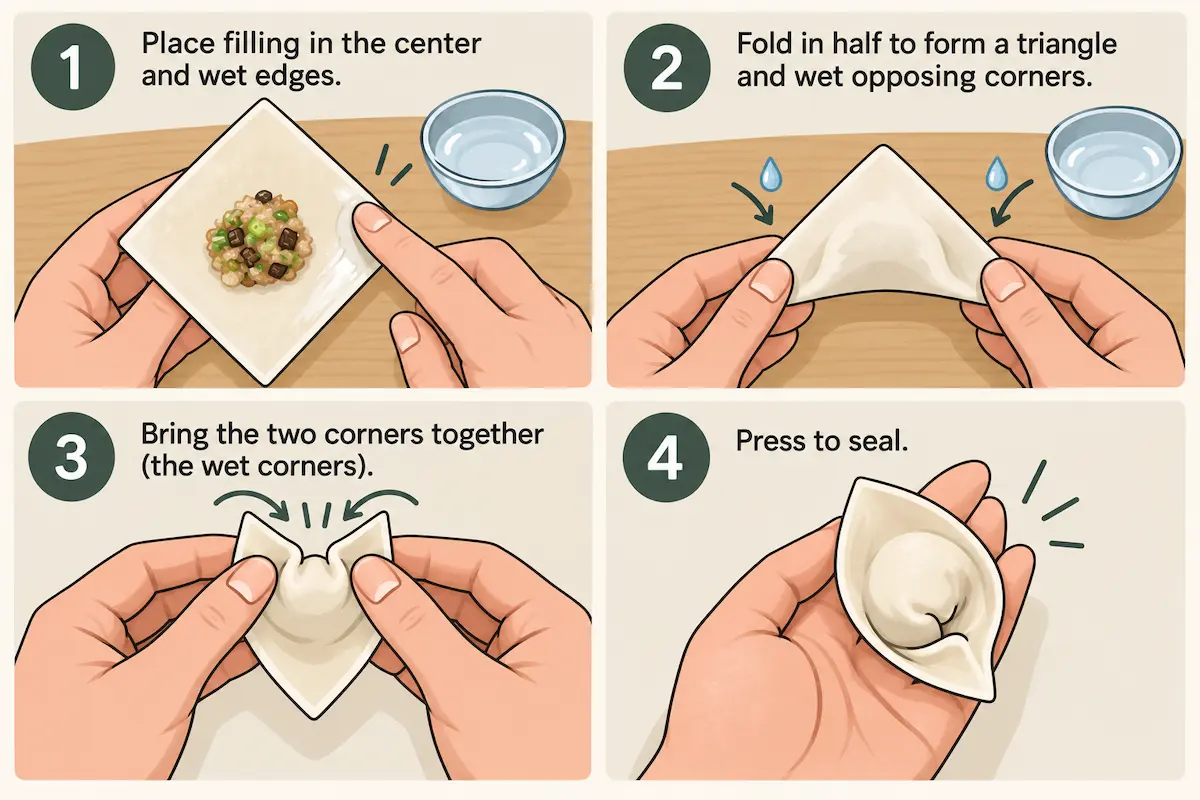 Four steps for folding wontons: add filling and wet the edges, fold into a triangle, bring the moistened corners together, and press to seal.